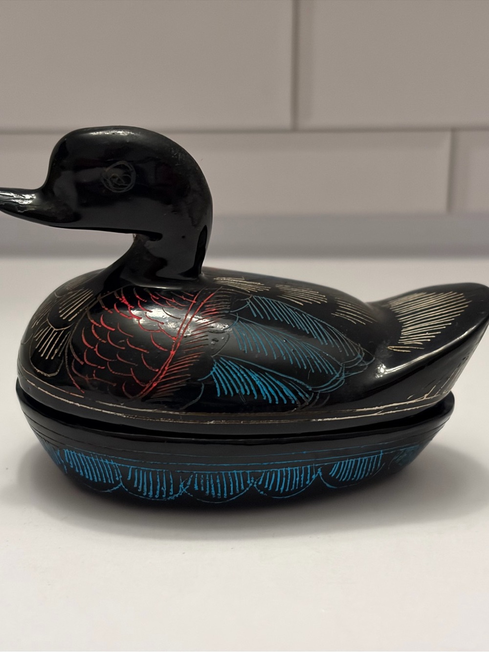 Vintage Black Lacquer Duck Trinket Box Hand Painted Thailand Covered box